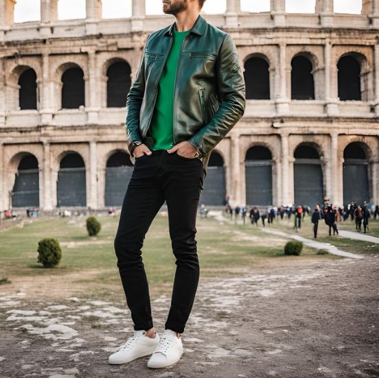 camicia verde sotto la giacca di pelle nera e scarpe da ginnastica bianche