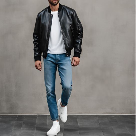 giacca bomber nero, blu jeans, e scape bianco stile